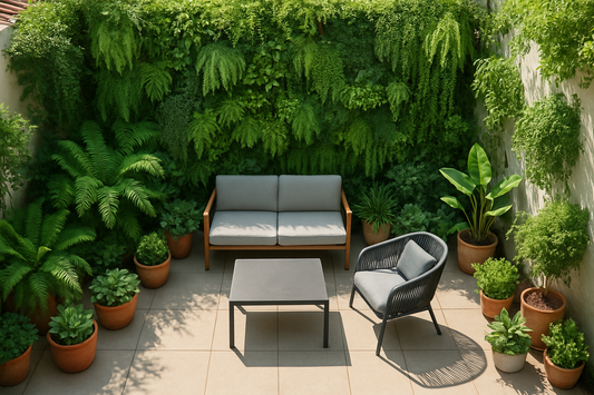 A beautiful small backyard with a vertical garden and a cozy seating area.
