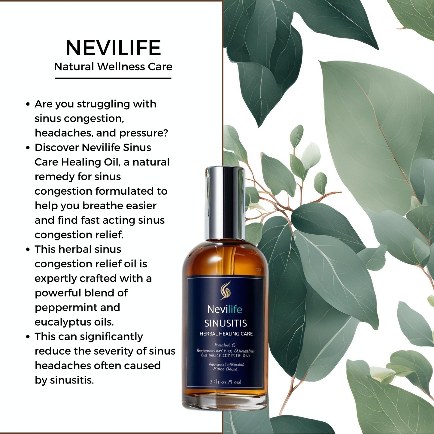 Nevilife Sinus Care Healing Oil - Natural Nasal Congestion Relief with Peppermint & Eucalyptus